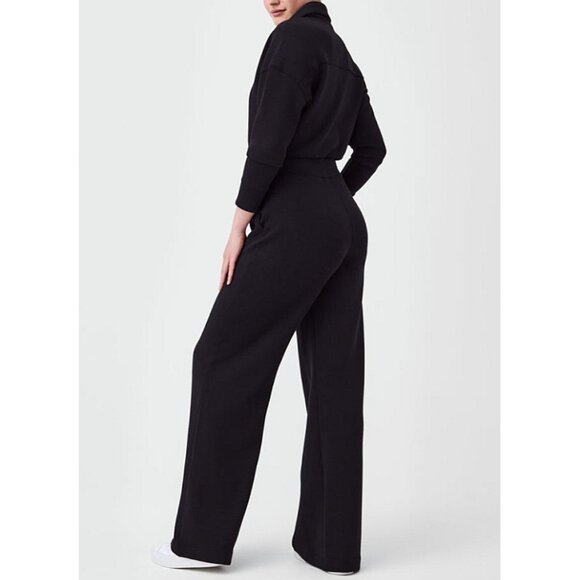 Spanx AirEssentials Long Sleeve Wide Leg Jumpsuit Black Zip-Up V-Neck Romper LP - Picture 5 of 13